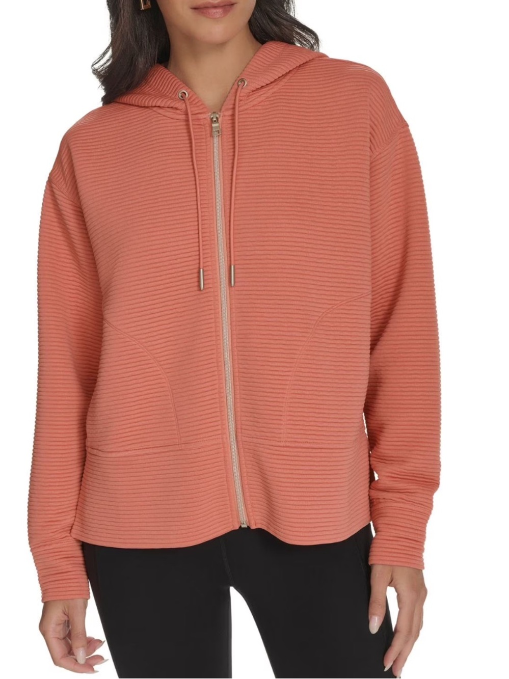 DKNY Ribbed Zip Hoodie with Drawstring Hood